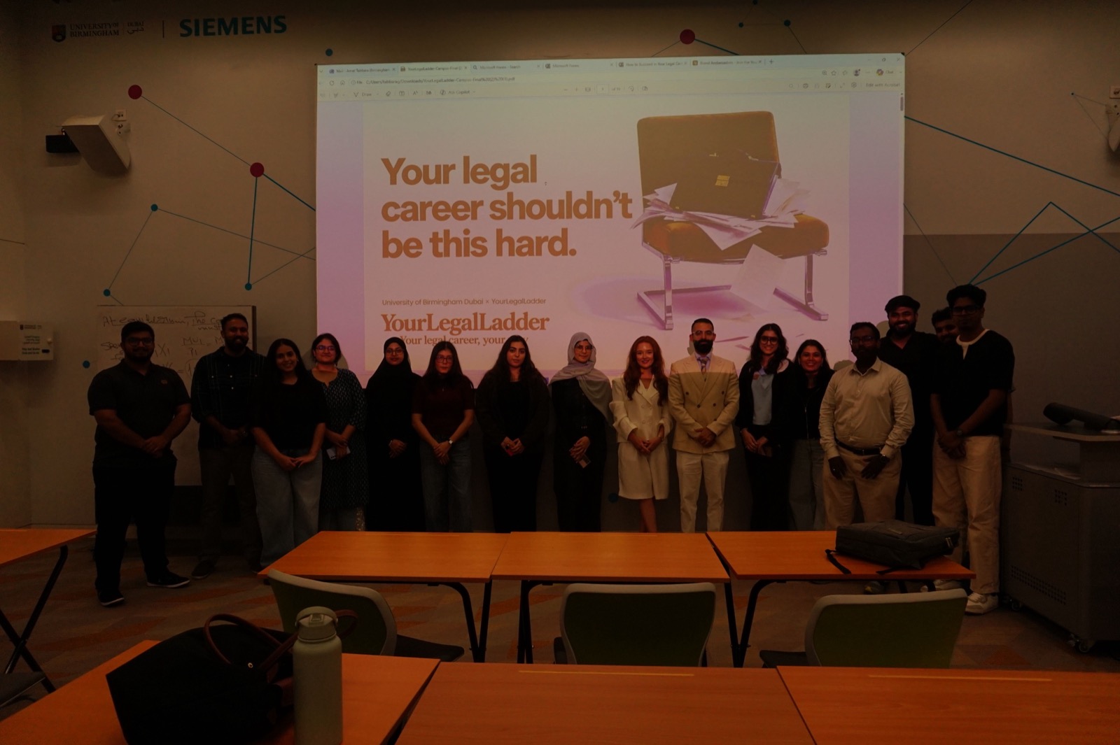 YourLegalLadder founder, Hollie Gould, with students after her talk at the University of Birmingham Dubai campus